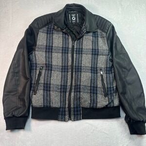 Fried Denim Bomber Jacket‎ Mens XL Black Blue Plaid Faux Leather Sleeves Quilted